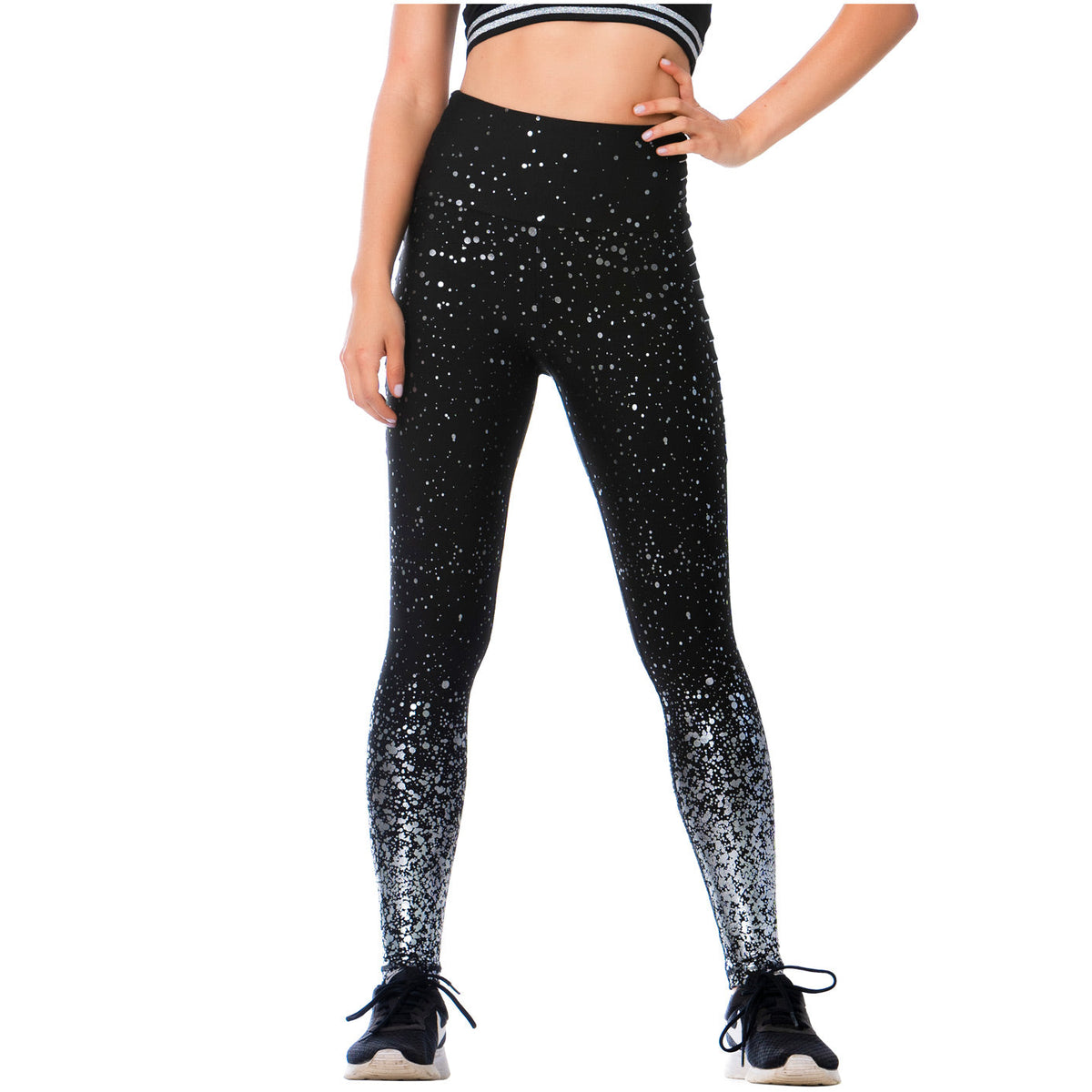 FLEXMEE 946166  High-Waisted Shimmer Print Black Gym Leggings