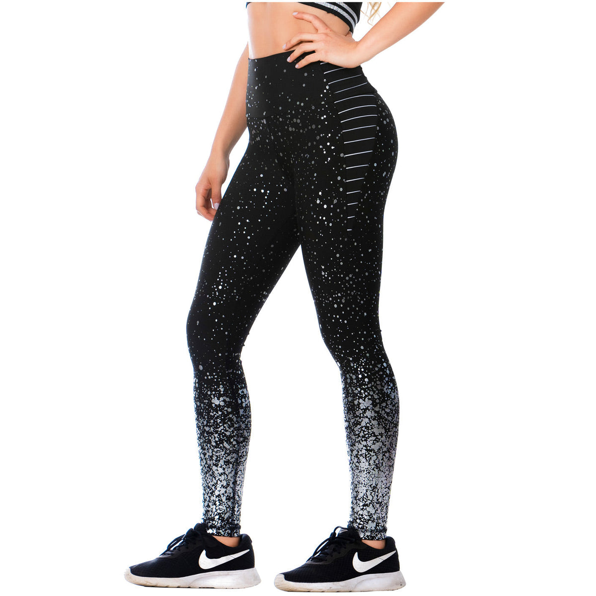 FLEXMEE 946166  High-Waisted Shimmer Print Black Gym Leggings - Showmee  Store