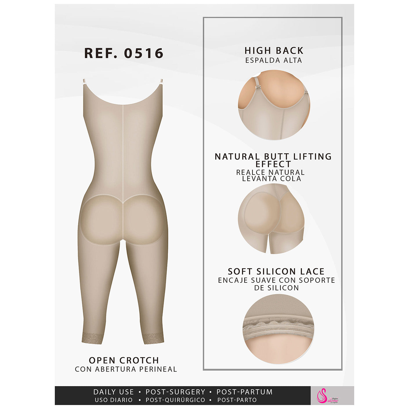 Salome Shapewear: 0516 - Post Surgery Postpartum Butt Lifter Full Bodysuit  | Open Bust Knee Length Body Shaper for Women | Powernet