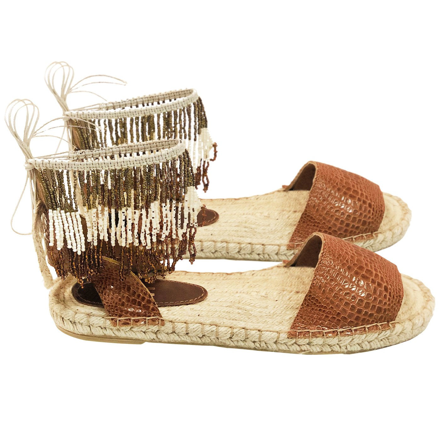 Silvia Cobos MINCA Flat Sandals with Beaded Tassels Brown